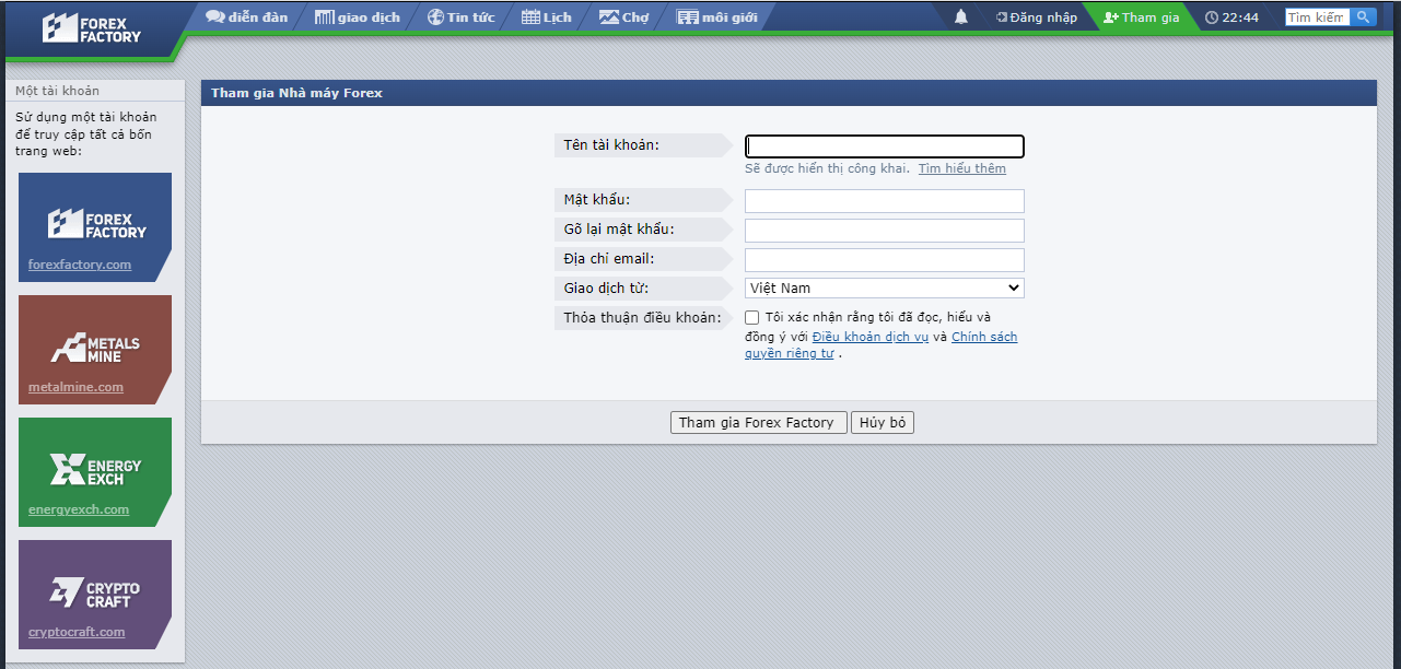 Cách đăng ký tài khoản để tham gia diễn đàn (Nguồn: Forex Factory)