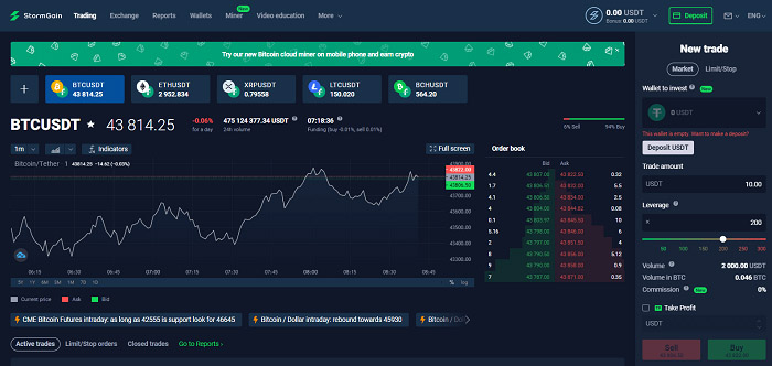 Giao diện trading trên sàn