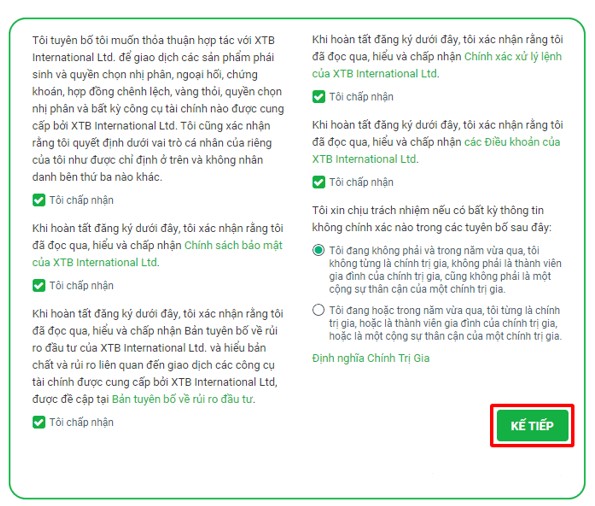Chấp nhận các chính sách và điều khoản của sàn XTB