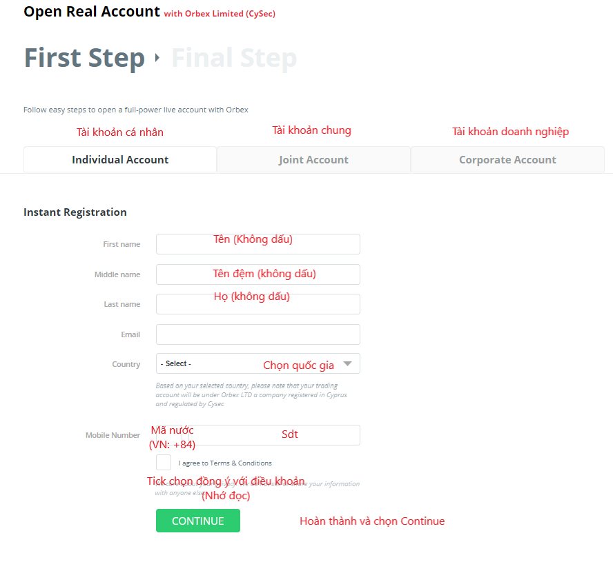 Hướng dẫn mở tài khoản sàn Orbex bước 3 đăng ký thông tin