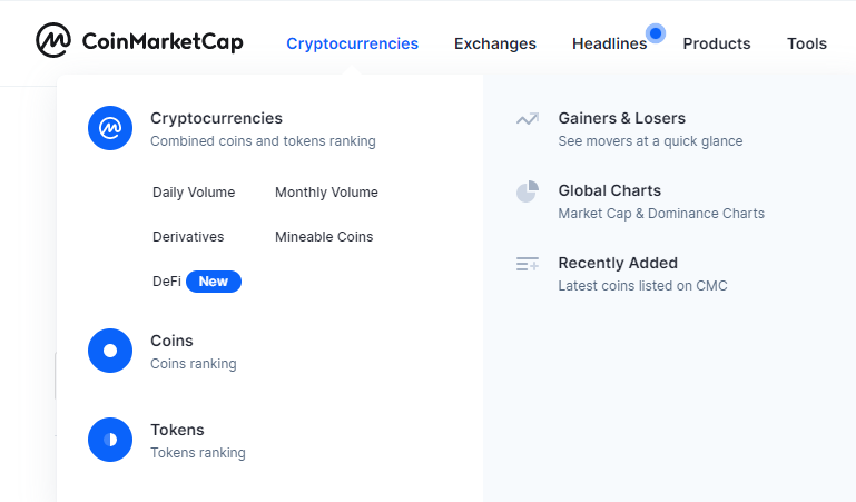 Menu chính của CoinMarketCap