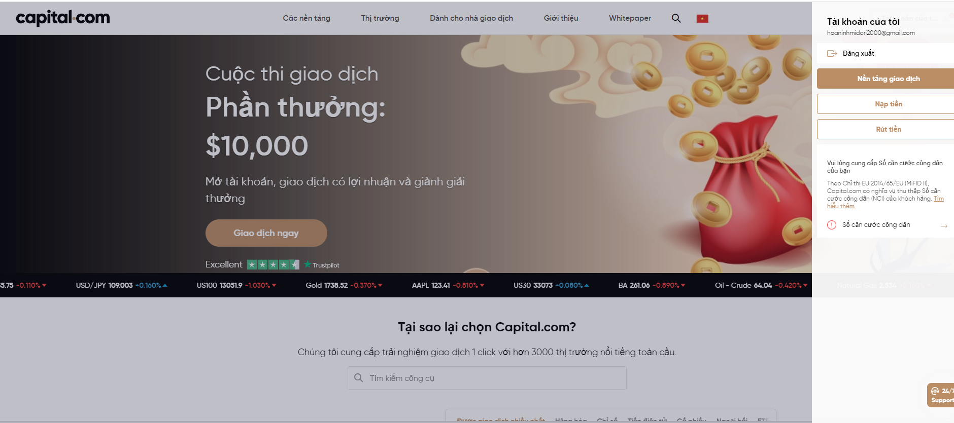 Các bước nạp/rút tiền tại sàn Capital.com trên app và web chi tiết