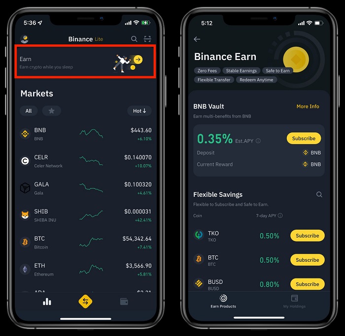 Giao diện ứng dụng Binance trên điện thoại