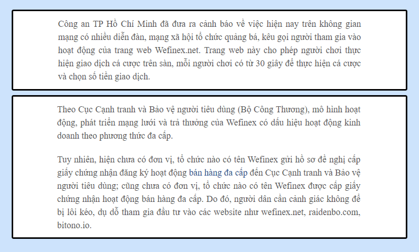 cơ quan chức năng cảnh báo về Wefinex