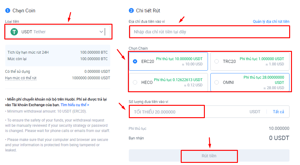 Hướng dẫn rút coin trên sàn Huobi (Huobi Global) chi tiết -Bước 3