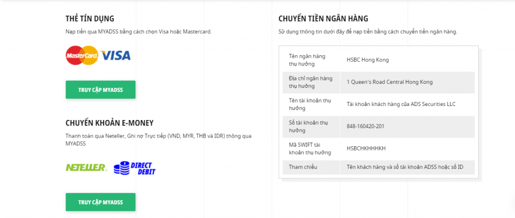 Review hình thức nạp rút tiền tại sàn ADSS