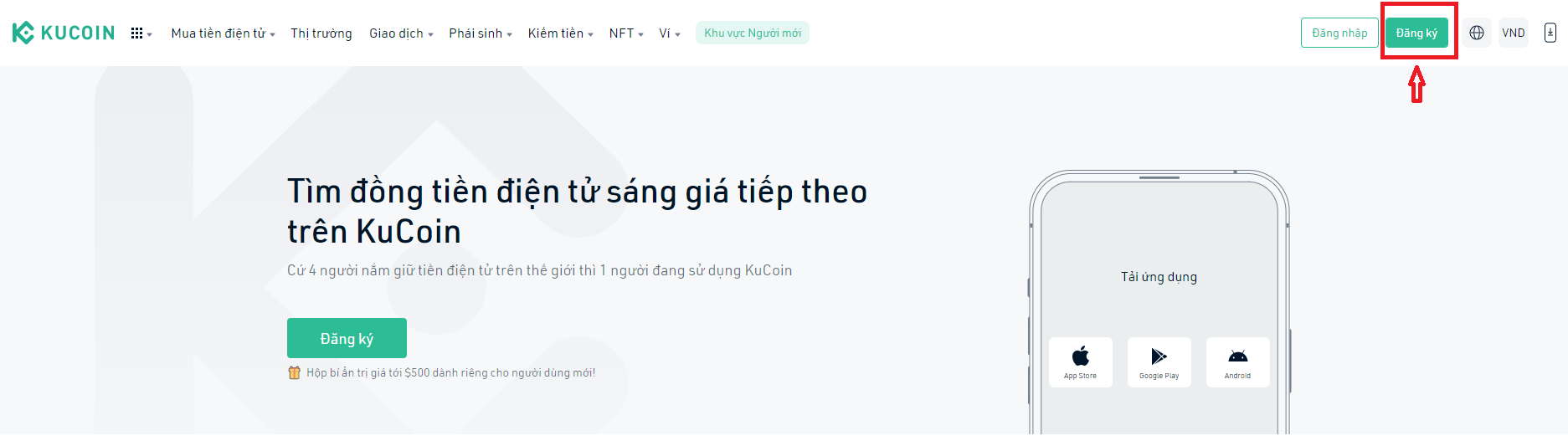 Chọn mục "Đăng ký" tại màn hình chính của Kucoin