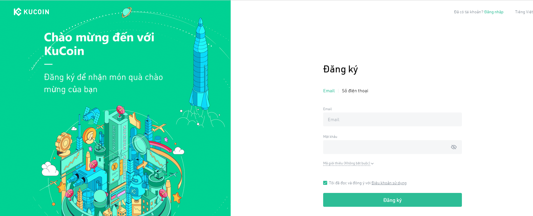 Giao diện đăng ký tài khoản tại Sàn Kucoin