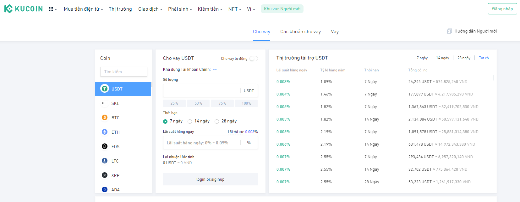 Giao diện tính năng Crypto Lending trên sàn KuCoin