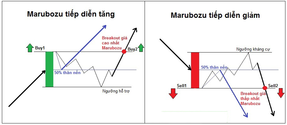 Mô hình nến Marubozu tiếp diễn xu hướng 