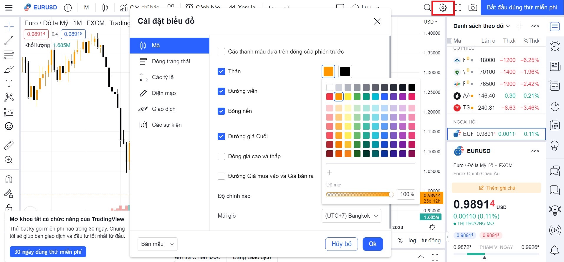 Cách đổi màu nến trên Tradingview