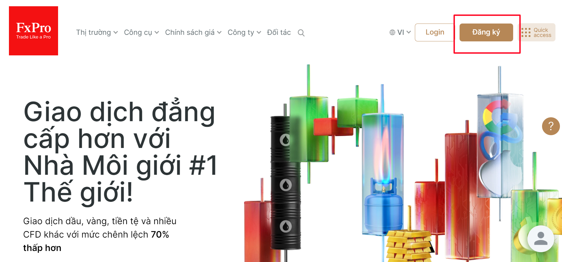 Click chọn Open Account để mở tài khoản trên sàn FxPro