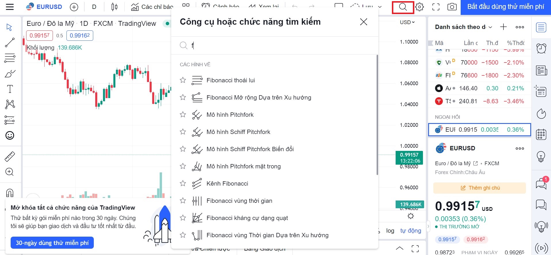 Cách tìm kiếm nhanh trên TradingView