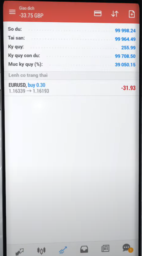 Giao diện mục giao dịch của nền tảng MT5 trên điện thoại Android