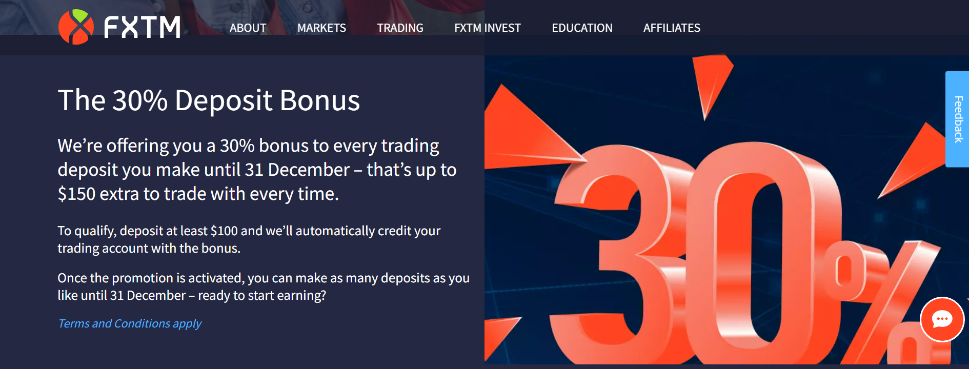 Chương trình Deposit bonus 30% của sàn FXTM