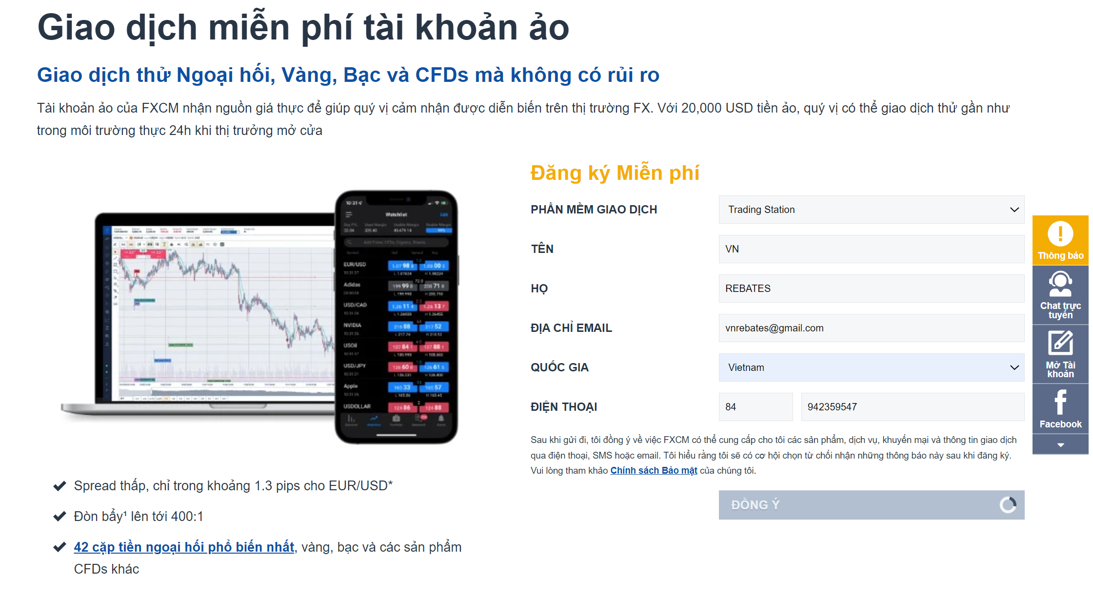 Giao diện mở tài khoản Demo tại FXCM