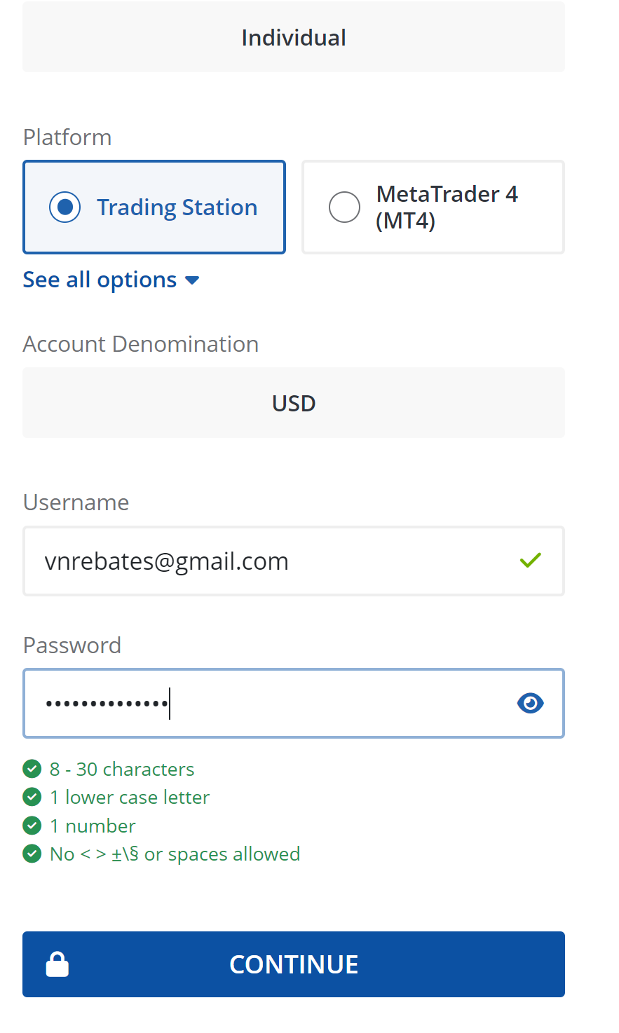 Điền Username và Password để thực hiện mở tài khoản FXCM