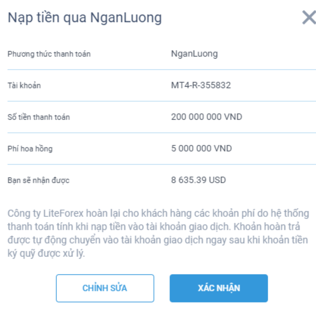 Xác nhận nạp tiền sàn LiteForex 