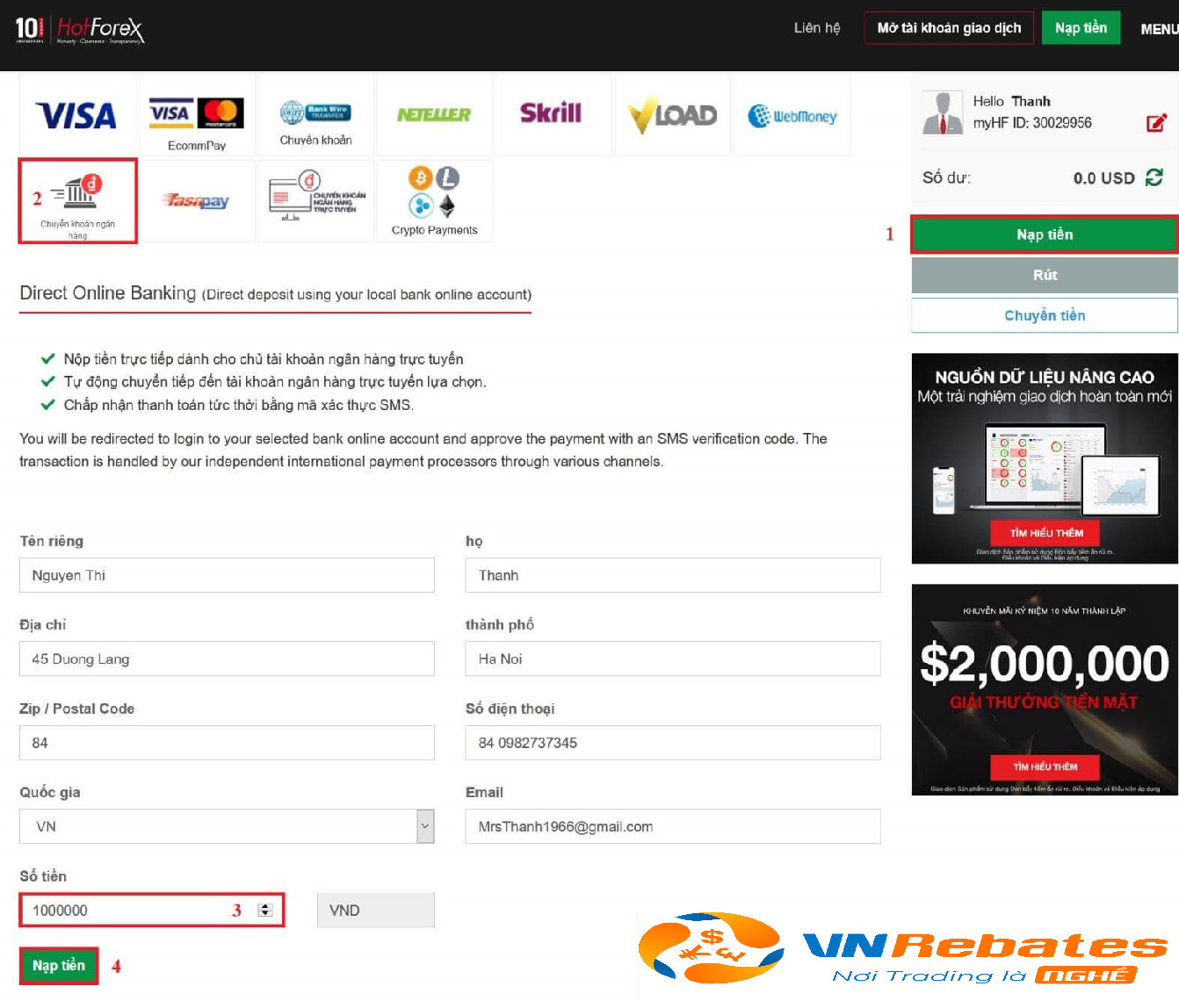 Hướng dẫn nạp tiền sàn HotForex qua Internet Banking 