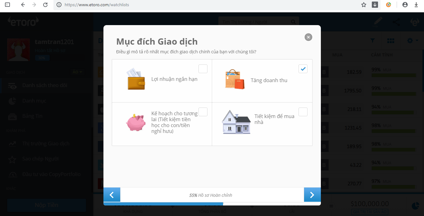 Mục đích giao dịch eToro 