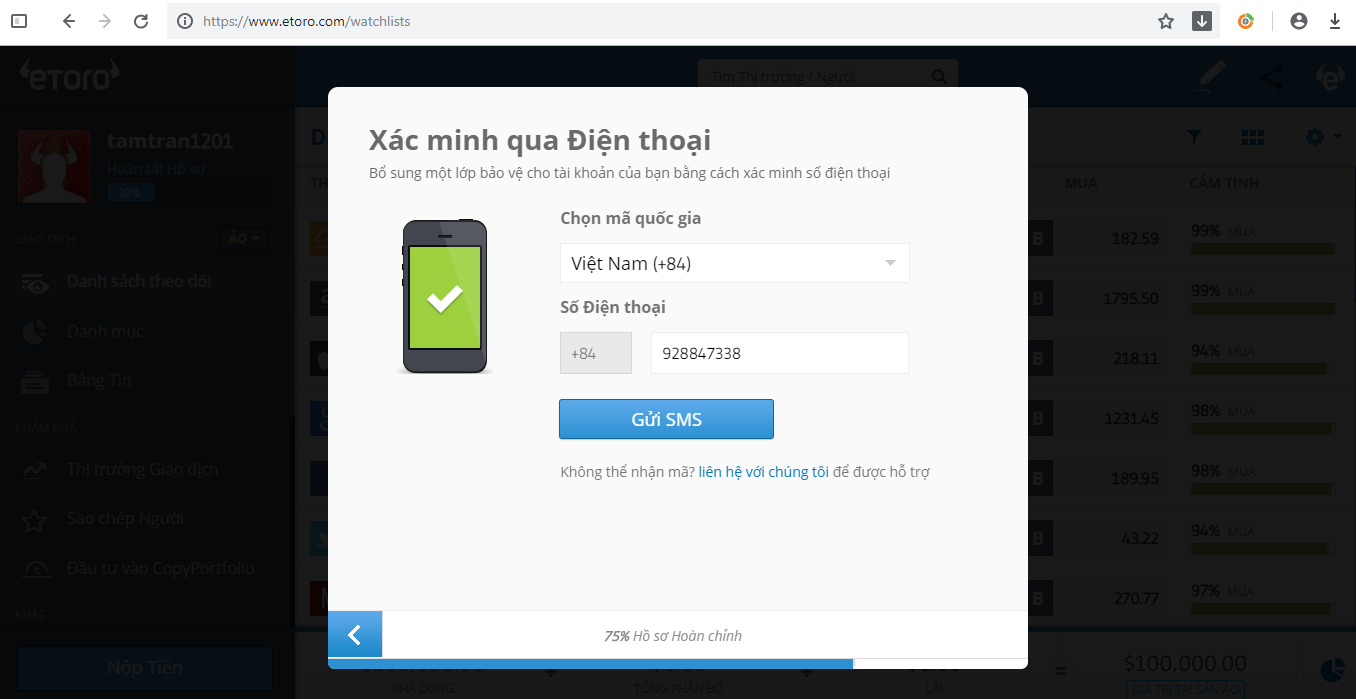 Nhập số điện thoại xác minh để hoàn tất mở tài khoản sàn eToro 