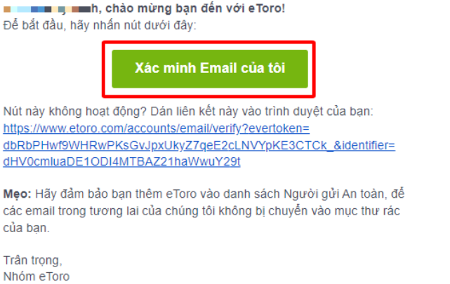 Nhận mail xác nhận đăng ký tài khoản eToro 