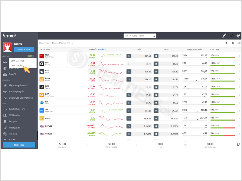 Khu vực cá nhân trên sàn eToro