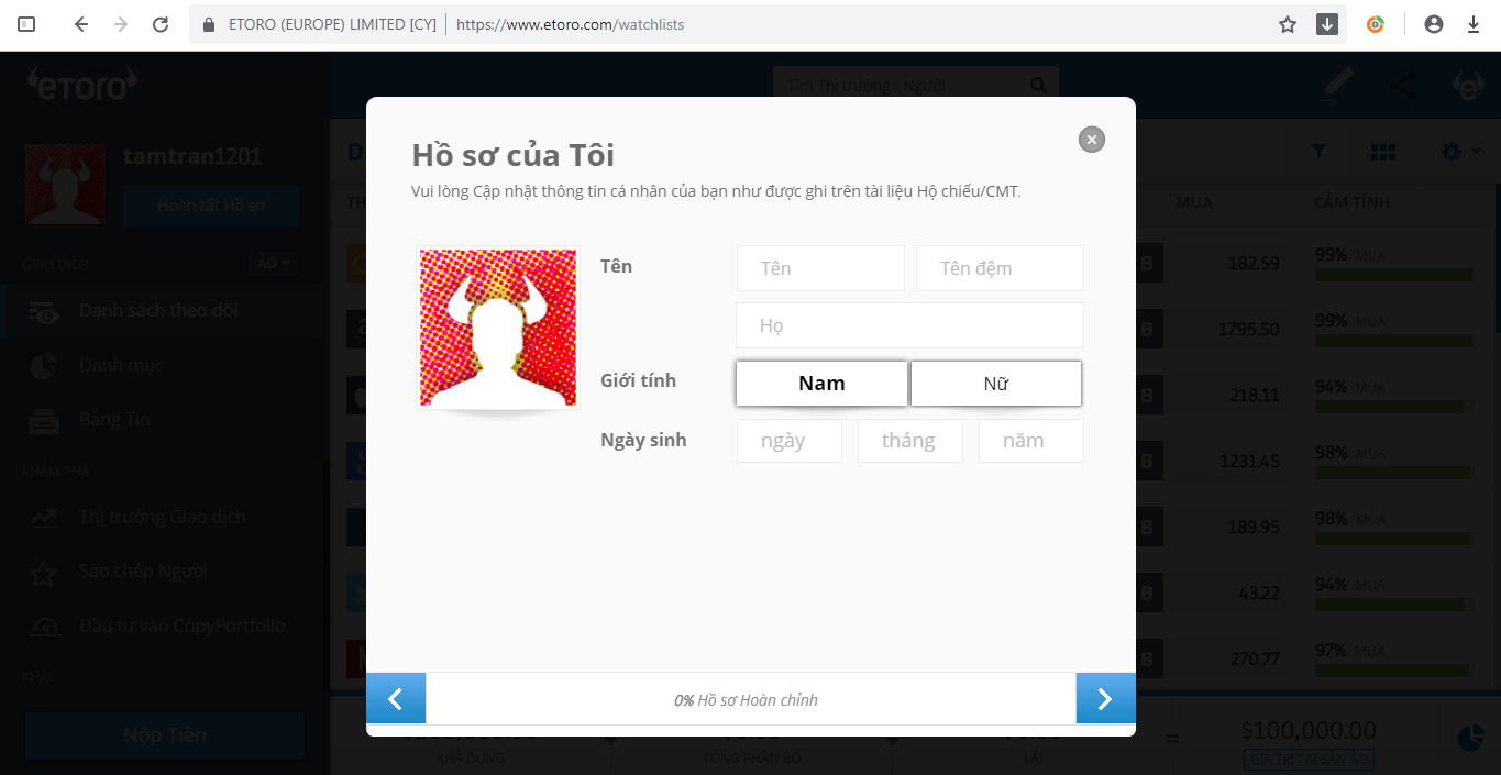 Hoàn tất hồ sơ cá nhân eToro để mở tài khoản