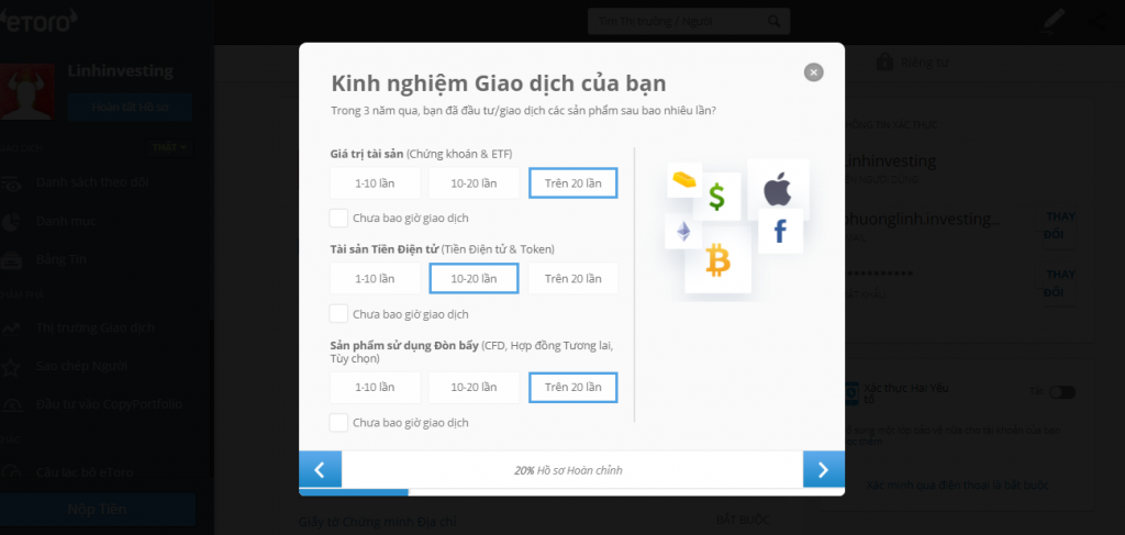 Điền các thông tin về kinh nghiệm giao dịch eToro 