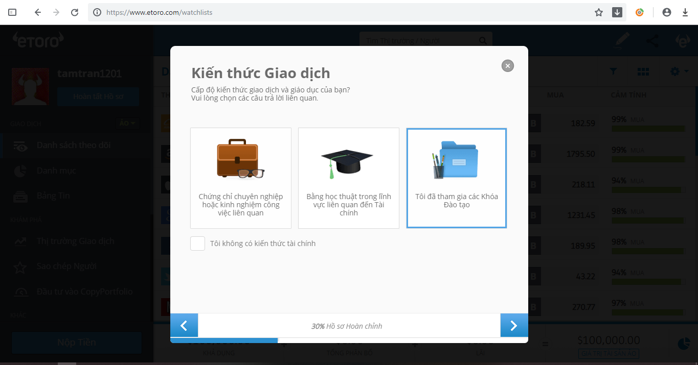 Điền kiến thức giao dịch eToro
