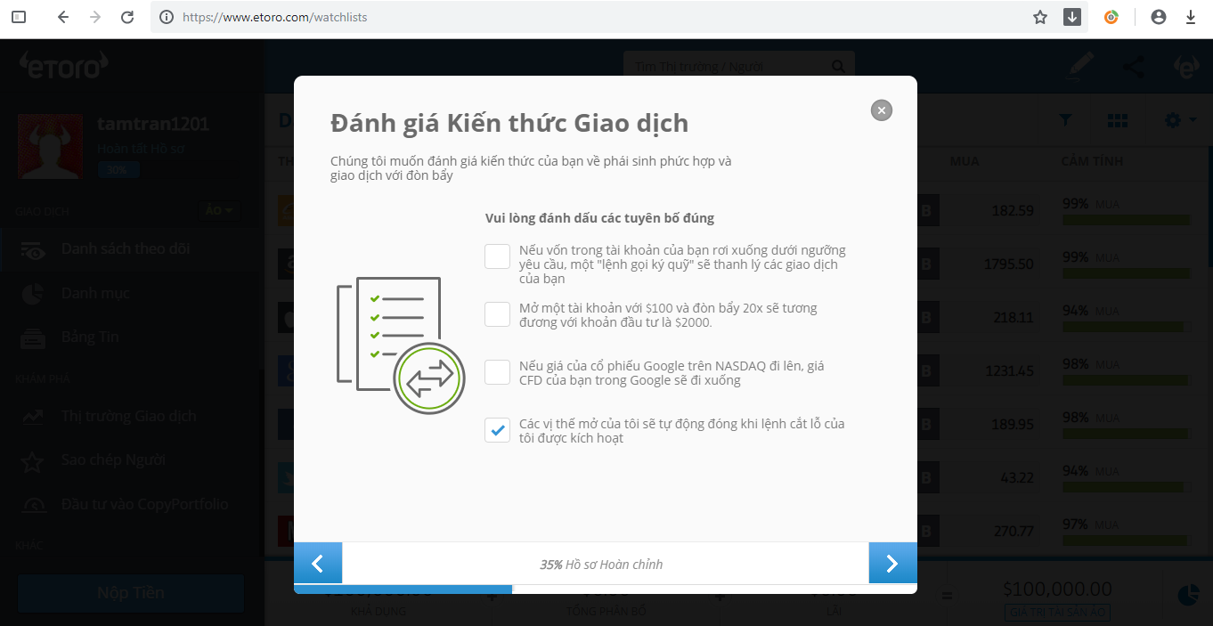 Đánh giá kiến thức giao dịch của nhà đầu tư trước khi giao dịch sàn eToro