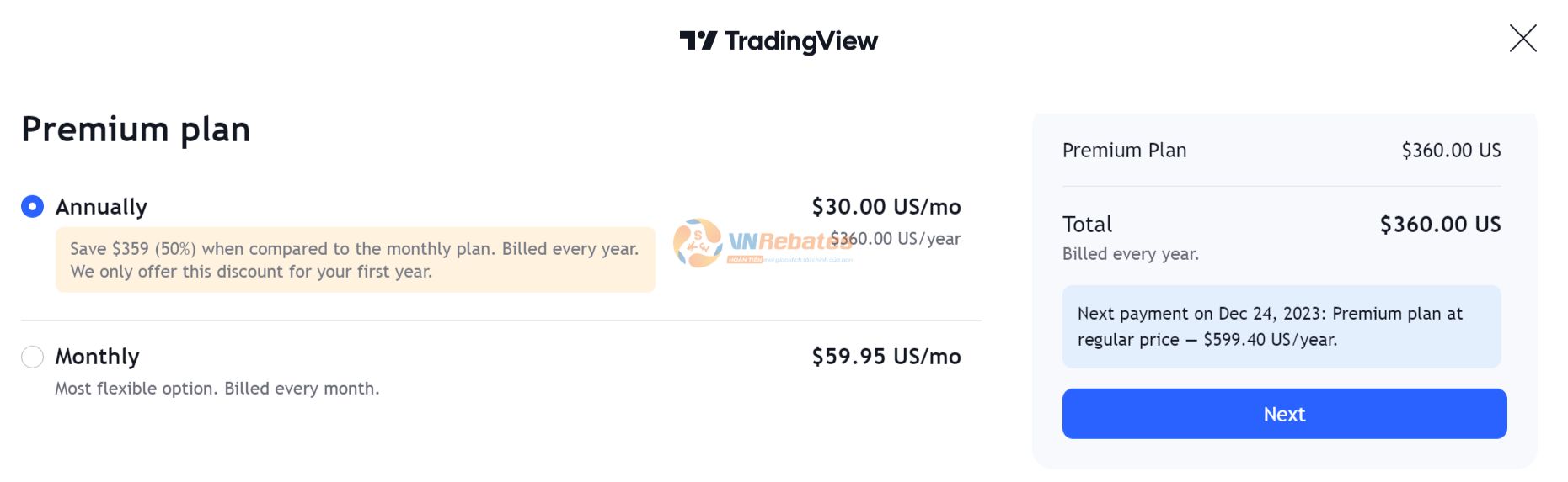 Chọn trả phí theo tháng hoặc theo năm