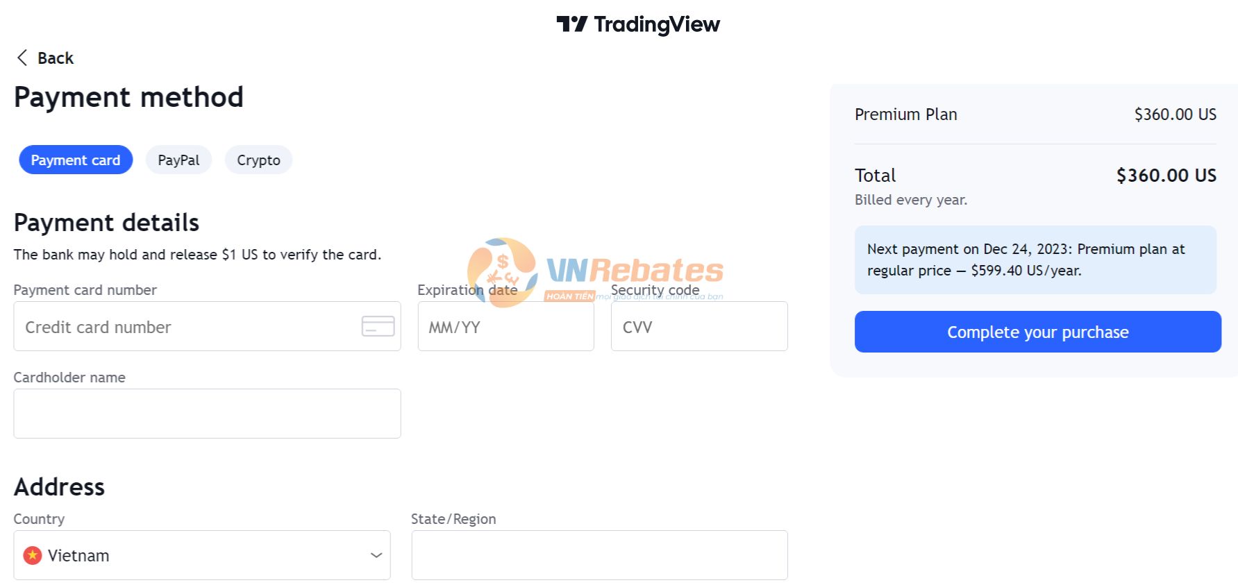 Nhà đầu tư nhập thông tin tài khoản thẻ để tiến hành thanh toán mua tài khoản tradingview