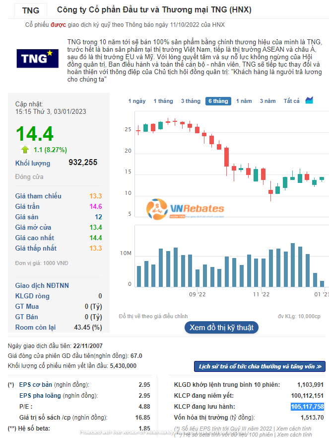 Diễn biến cổ phiếu TNG trong năm 2022
