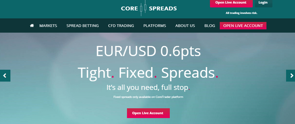 Giao diện trang chủ sàn Core Spreads