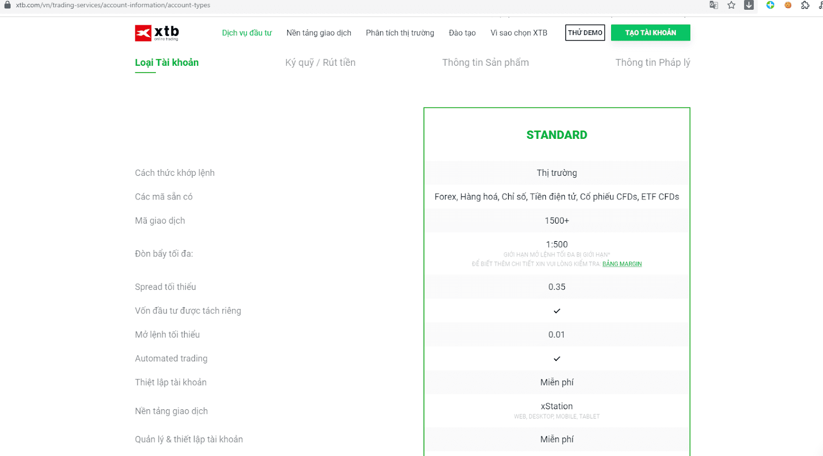 Tài khoản Standard của XTB 