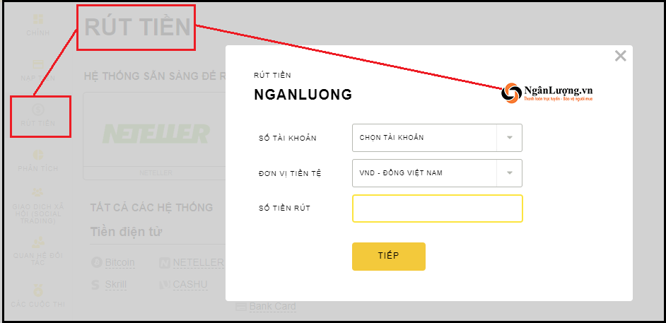 Chọn Ví Ngân Lượng để thực hiện rút tiền từ Metatrader 4