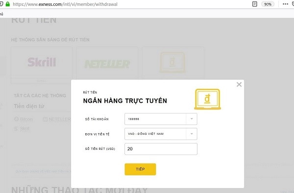 Chọn phương thức rút tiền từ MT4 về Internet Banking