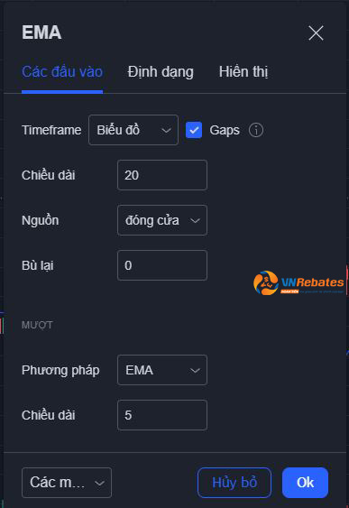 Các traders có thể chỉnh chu kỳ của các đường EMA ở phần cài đặt 