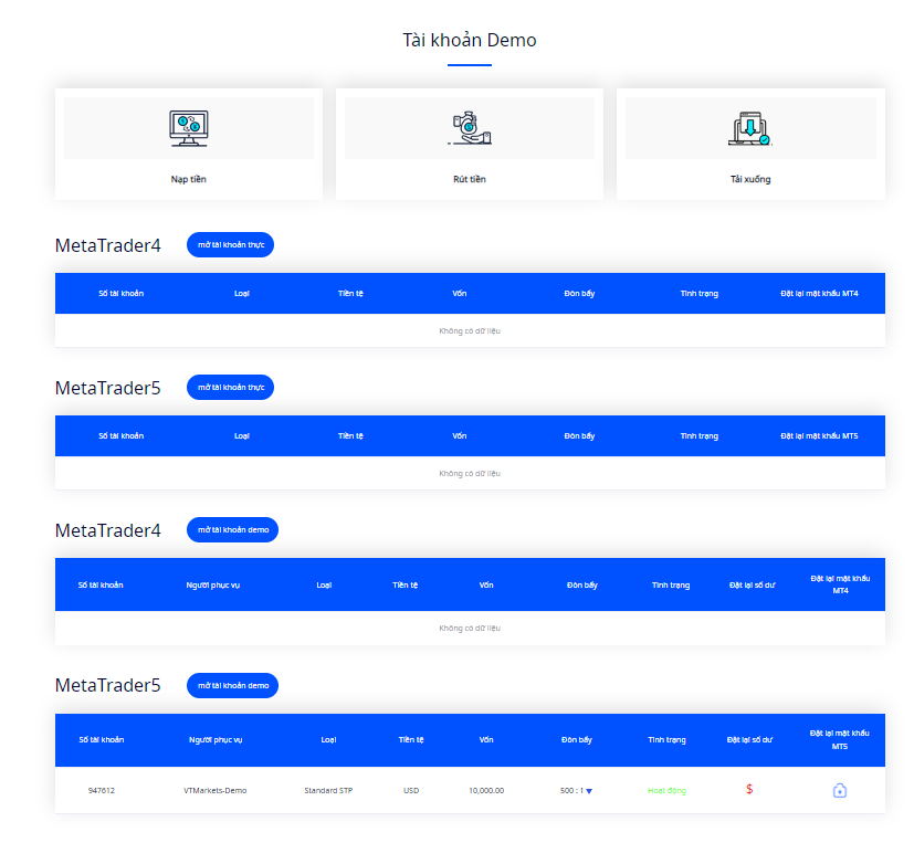 Truy cập vào tài khoản Demo đã tạo 