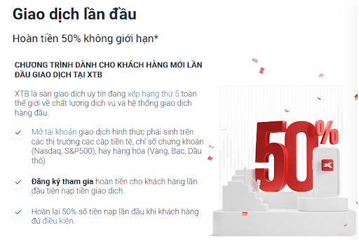 Sàn XTB có chương trình khuyến mãi lên đến 50% không giới hạn. (Nguồn: sinvest)