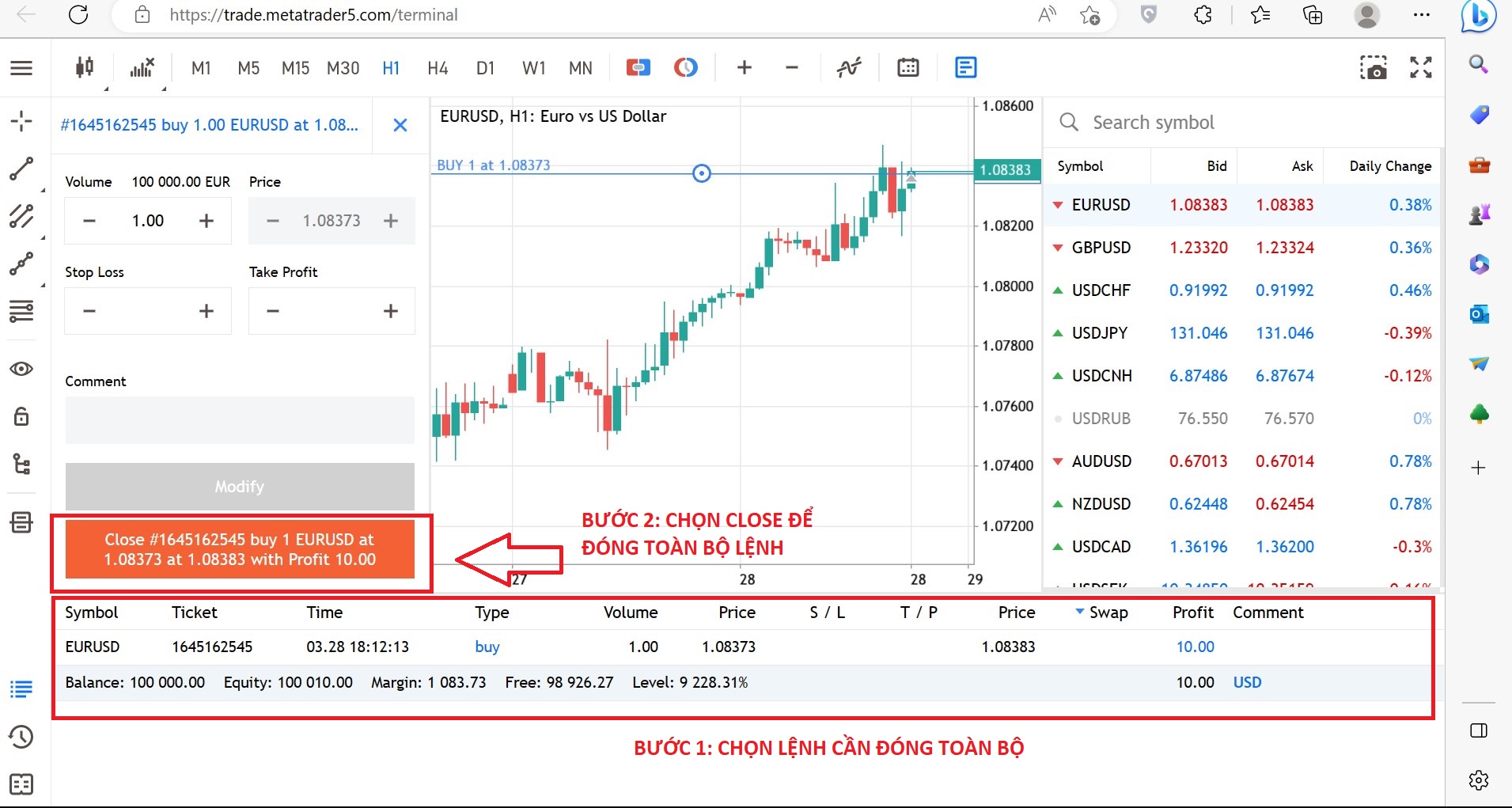 Các bước đóng tất cả các lệnh giao dịch trên MT5 