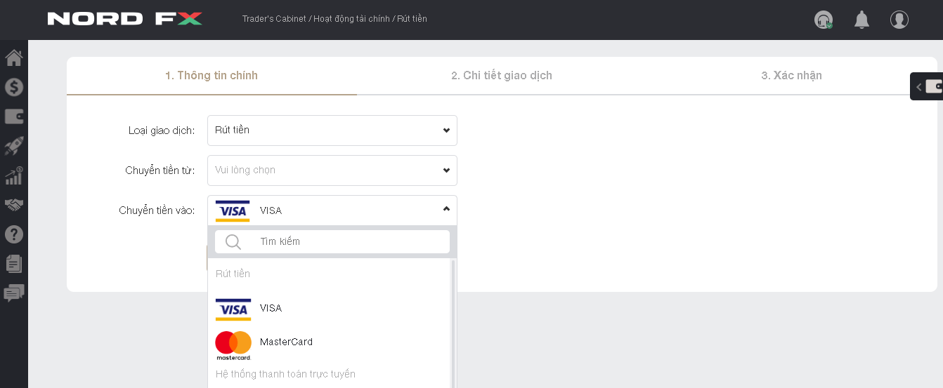 Cách rút tiền trên sàn NordFX qua thẻ Visa/Mastercard