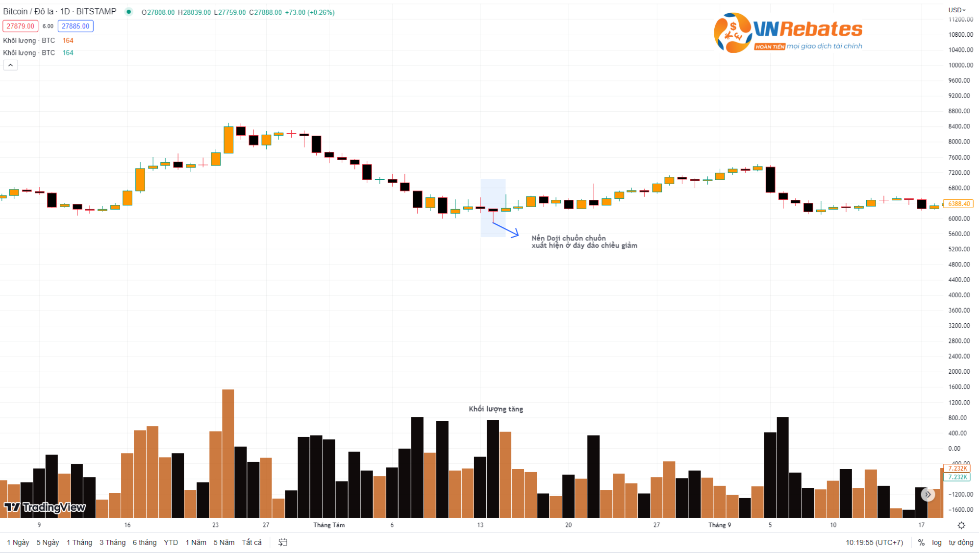 Mẫu hình nến Doji xuất hiện ở đáy xu hướng giảm (Nguồn: Tradingview)