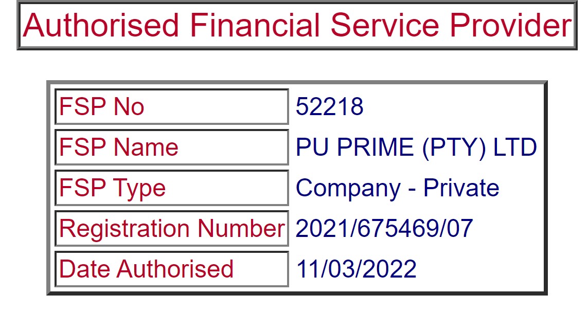 Giấy phép FSCA của PU Prime