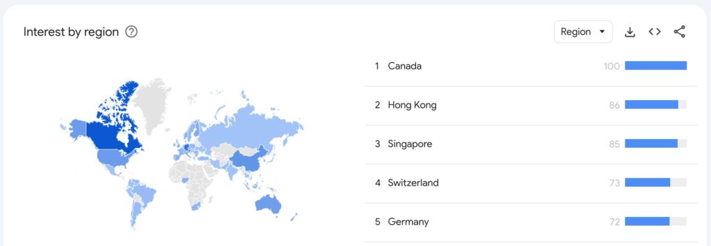 Mối quan tâm theo khu vực đối với từ khóa ‘Bitcoin ETF’. Nguồn: Google trend.