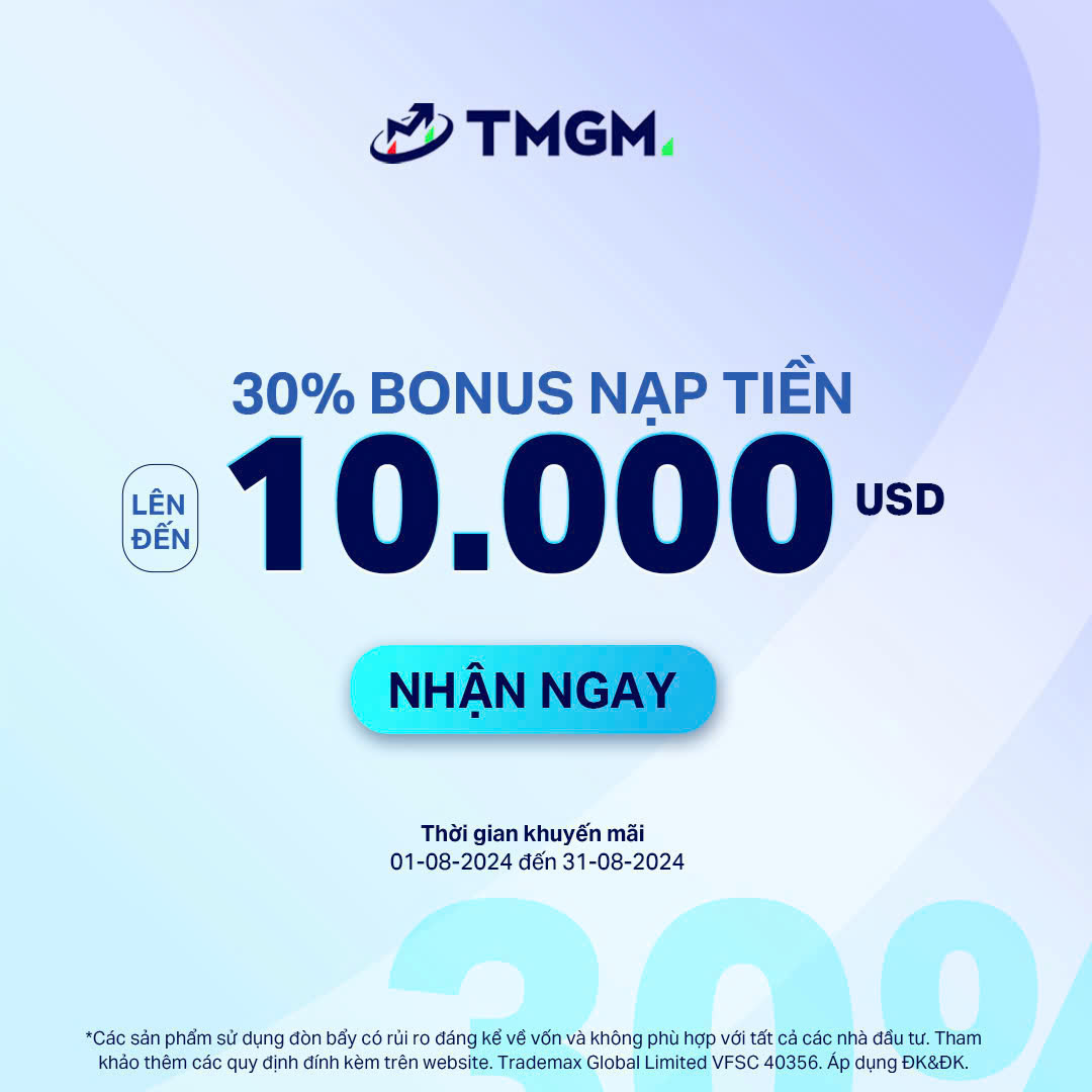 TMGM - Bonus tháng 8 30% tiền nạp, tối đa 10.000$